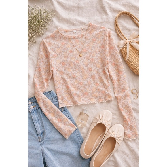 The Unbranded Brand Tops - Women's Sheer Floral Mesh Long Sleeve Top Lettuce Edge Y2K Fairycore Size‎ L